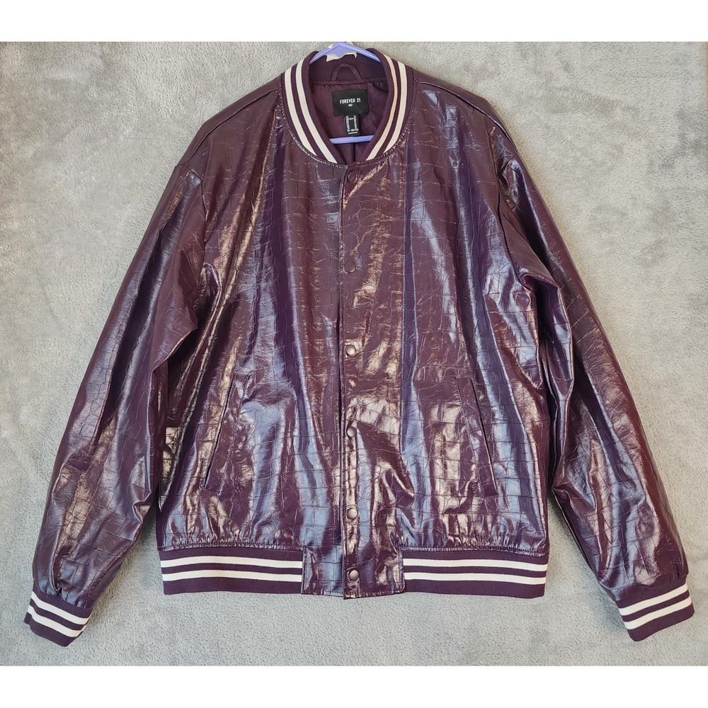 Forever 21 Jacket Men XL Purple Croc Embossed Faux Leather Varsity Bomber